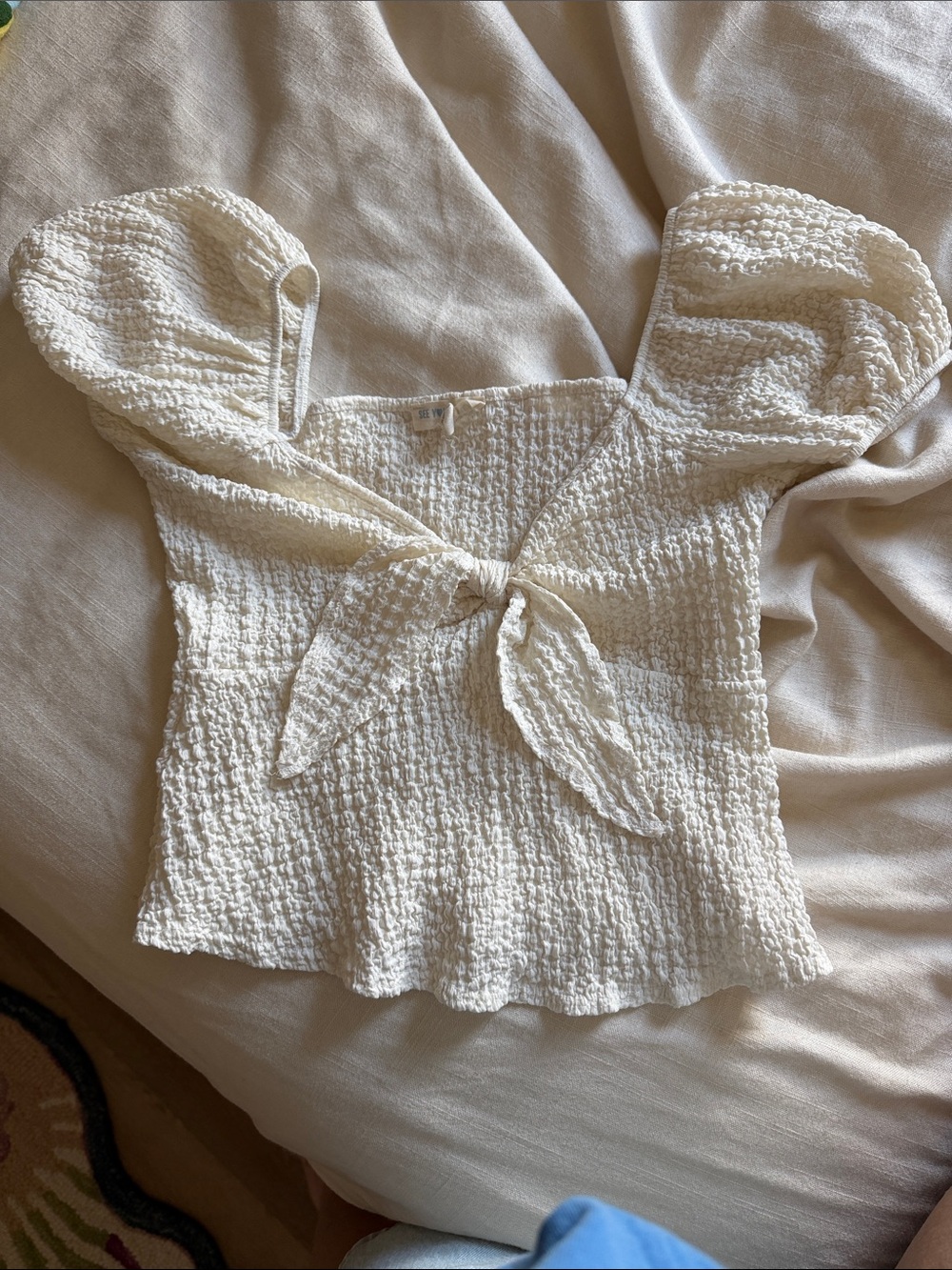 See You Monday Cream Textured Tie-Front Crop Top